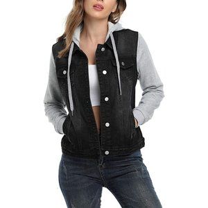 HUDSON Hooded Jean Jacket Washed Long Sleeve Hoodie Black Denim Pockets Sz 4